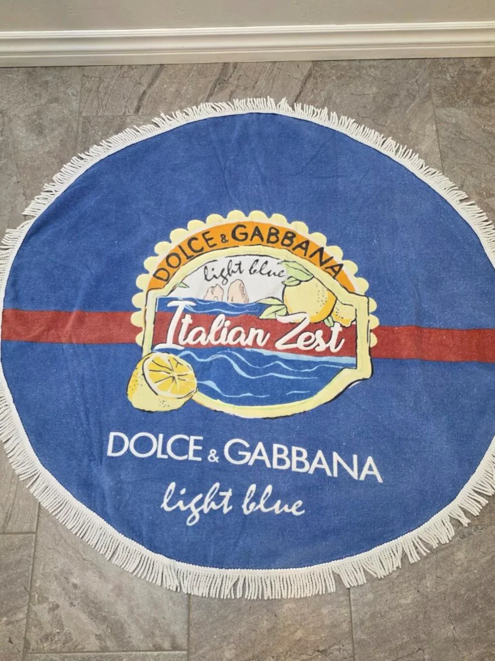 Dolce & Gabbana Light Blue Italian Zest Beach Towel Table Cloth 47” Round Fringe